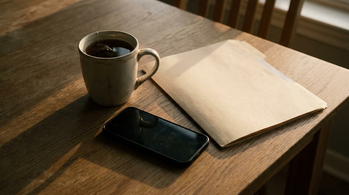 a cup of tea beside a face-down phone and a closed folder