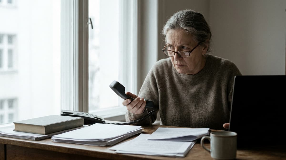 an older woman holding a phone handset away from her ear, skeptical of the caller