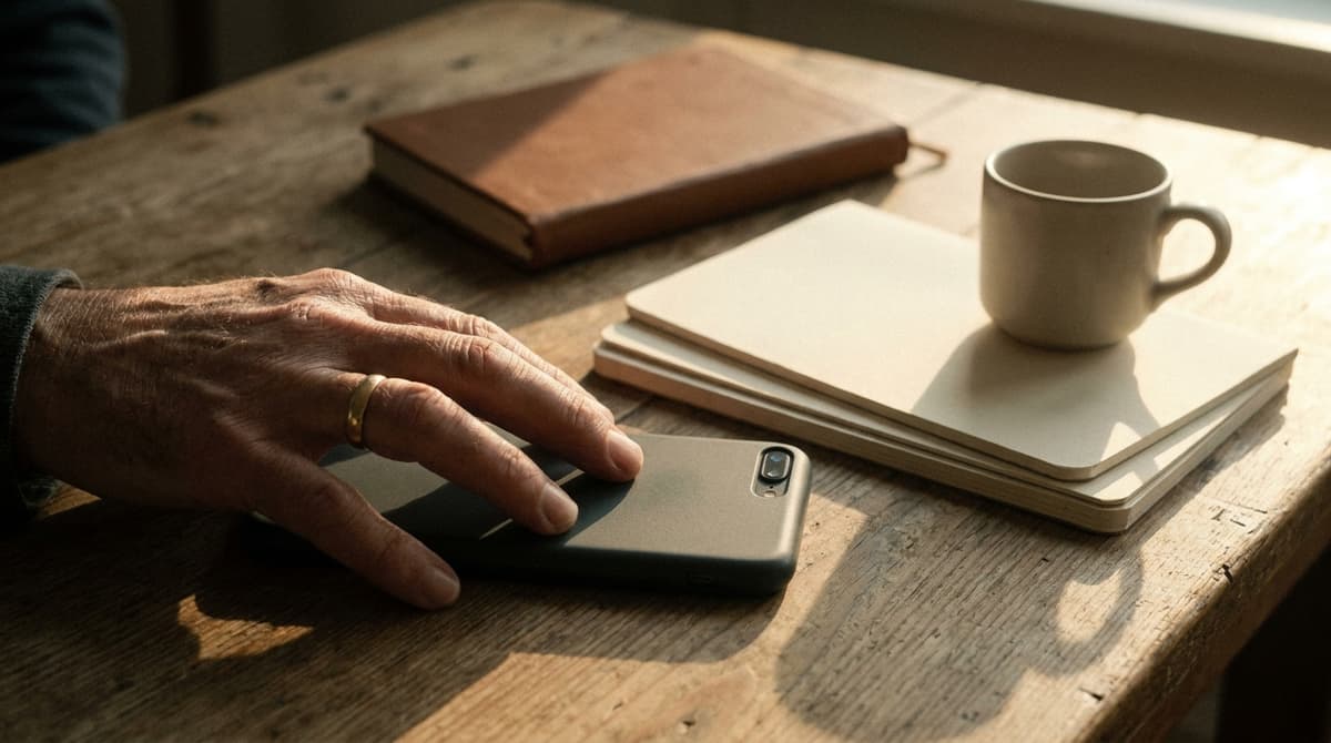 a hand on a face-down phone beside a notebook