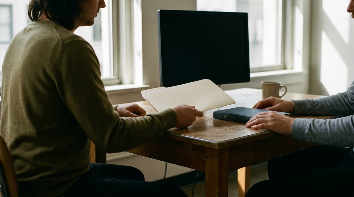 two people at an office table, one passing a folder across