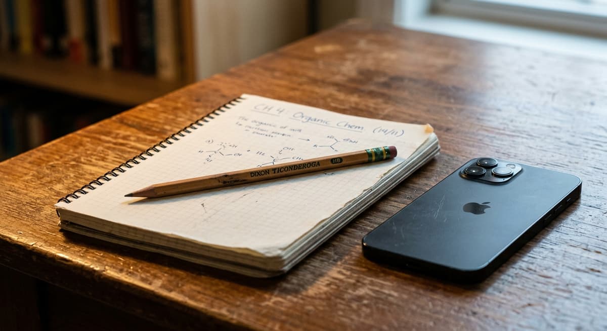 Pupitre de estudiante de Kansas con un cuaderno, un lapiz y un telefono inteligente boca abajo