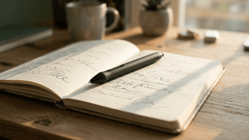 Boligrafo inteligente en Texas sobre la pagina de un cuaderno con notas manuscritas, sobre un escritorio