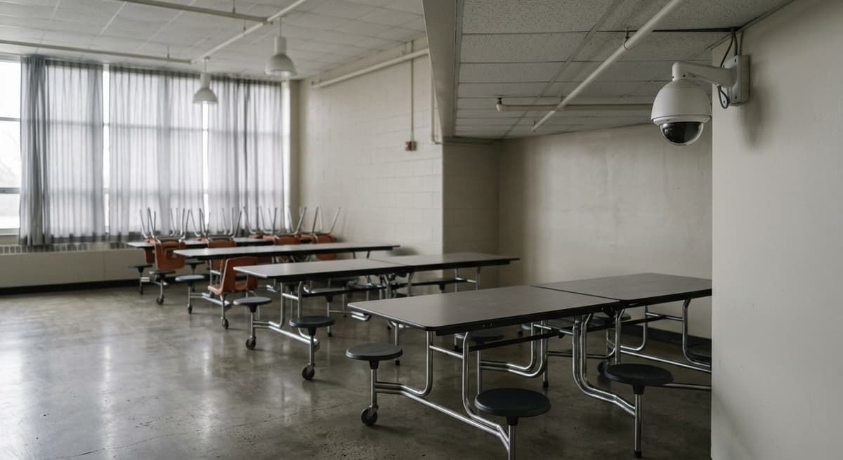 Washington school cafeteria with empty tables and a ceiling-mounted camera in the corner