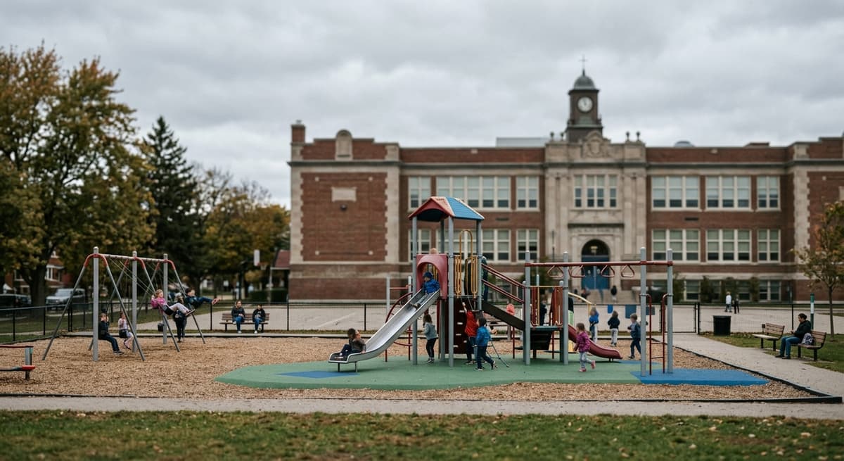 New Jersey playground equipment viewed from a distance with school building in background