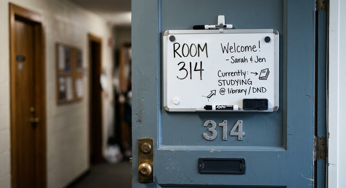 Delaware college dorm room door with a whiteboard and room number