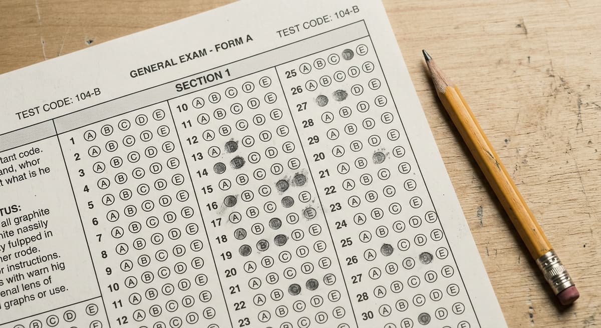 Washington standardized test answer sheet with pencil marks, close-up on desk