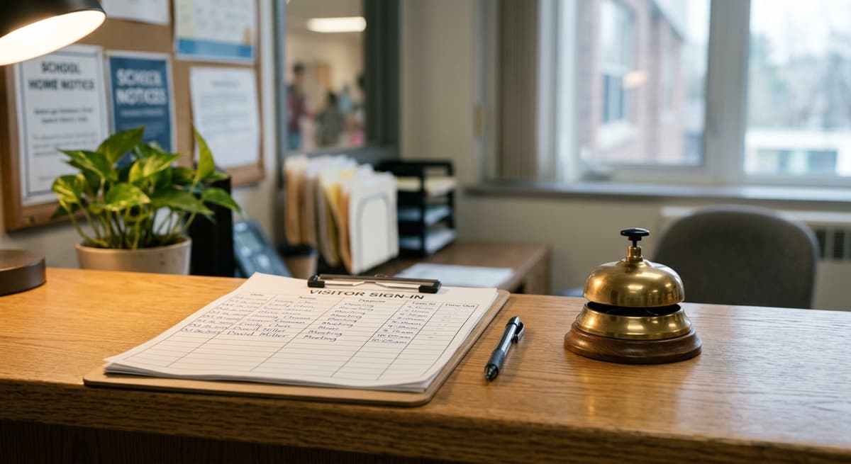 New Jersey school office front desk with a sign-in sheet and bell