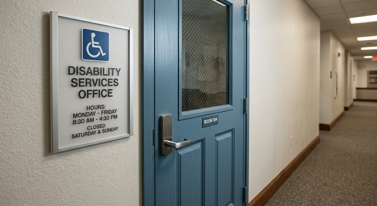 Delaware disability services office door with accessibility symbol and hours posted