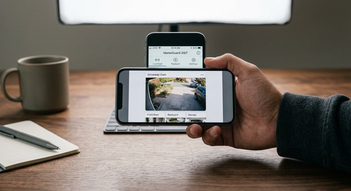 Illinois smartphone showing a security camera app with live feed thumbnail, held over a d