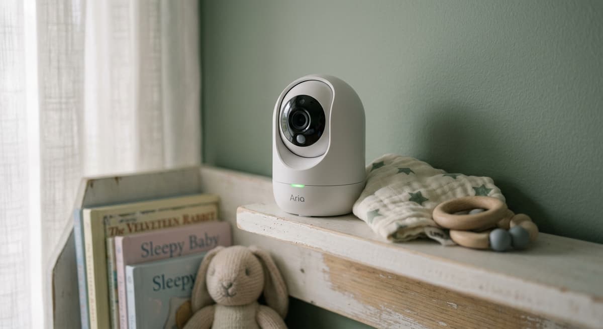 Camara monitor de bebe de Kansas en un estante de la habitacion infantil con una pequena luz indicadora verde
