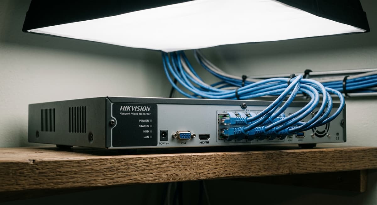 Caja de grabadora de video en red (NVR) de Nevada con cables de ethernet en un estante