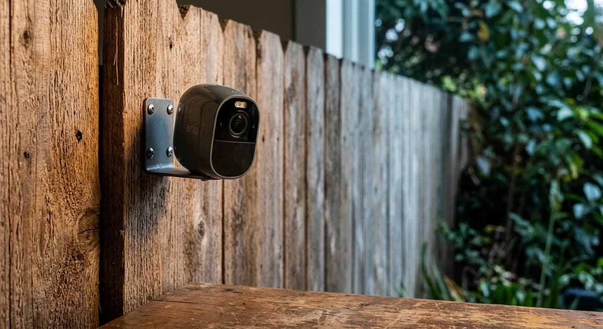 Linea de cerca entre vecinos de Misuri con una camara de seguridad visible en un lado apuntando hacia la otra