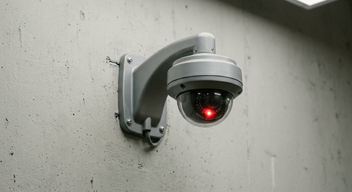 Maine dummy security camera with a blinking red led mounted on a wall bracket