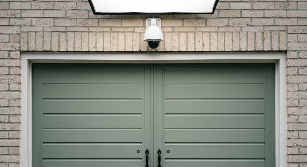 Puerta de garaje de Nevada con una camara de seguridad montada arriba en la pared exterior