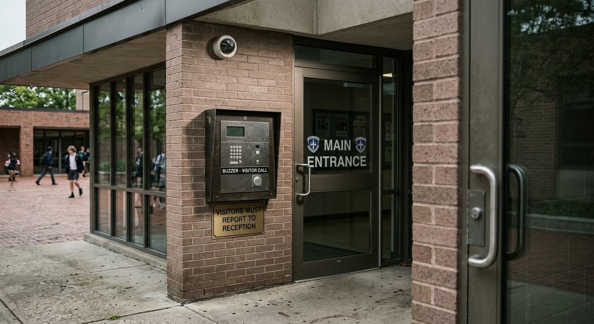 Illinois school building entrance with a security camera and visitor buzzer panel