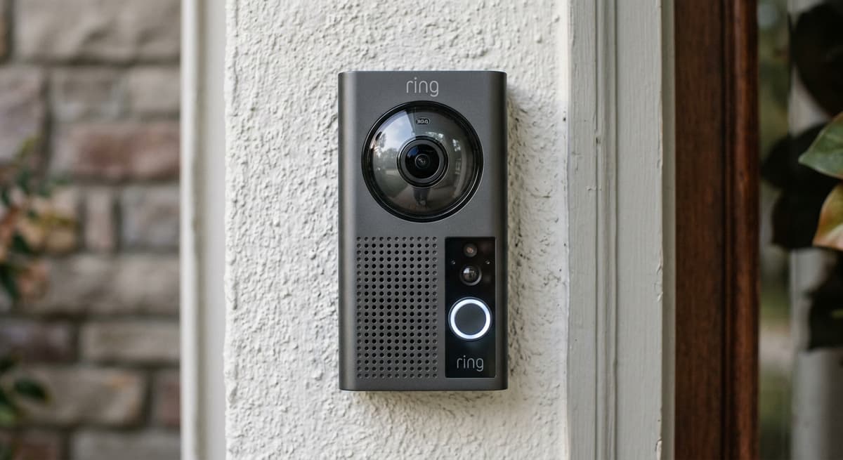 Primer plano de una camara de timbre residencial de Arkansas que muestra el lente y la rejilla del altavoz