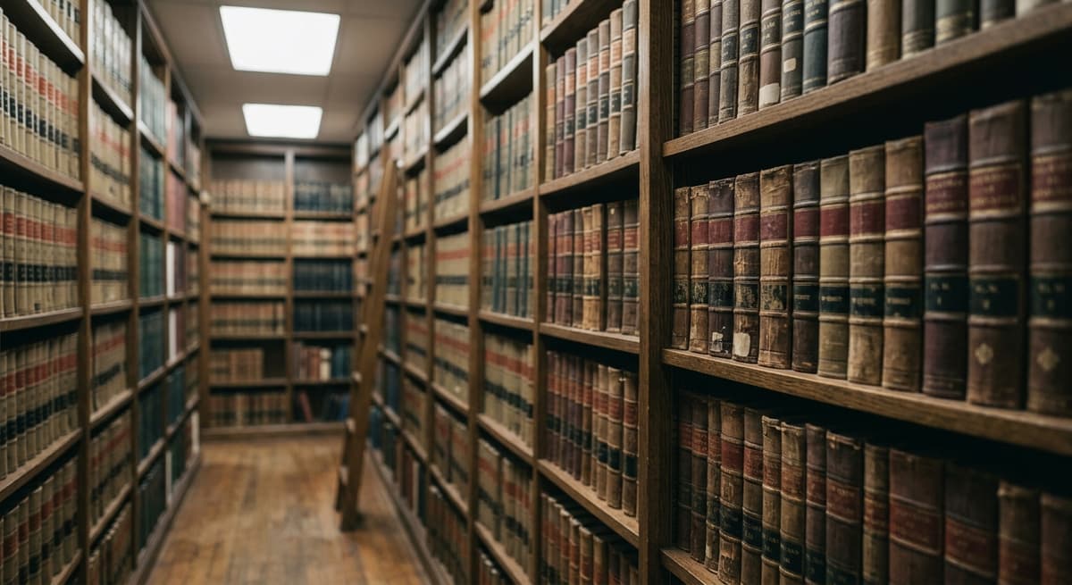 un pasillo tranquilo de una biblioteca juridica con altos estantes de volumenes legales encuadernados