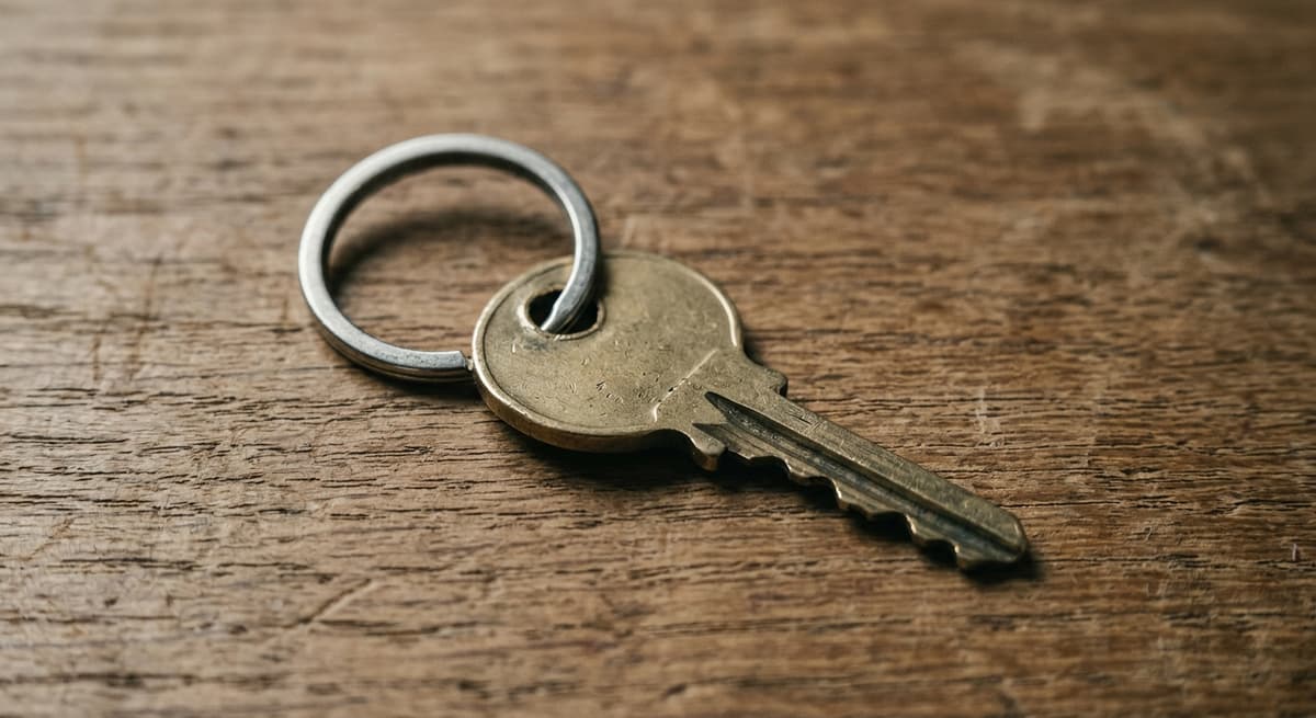 una sola llave de casa en un llavero sencillo apoyada sobre una mesa de madera