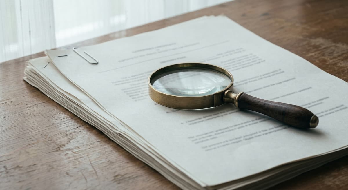 una lupa apoyada sobre un formulario legal impreso en un escritorio