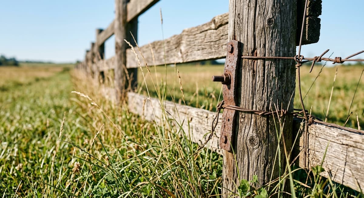 una cerca de madera desgastada a lo largo de un lindero cubierto de pasto bajo un cielo despejado