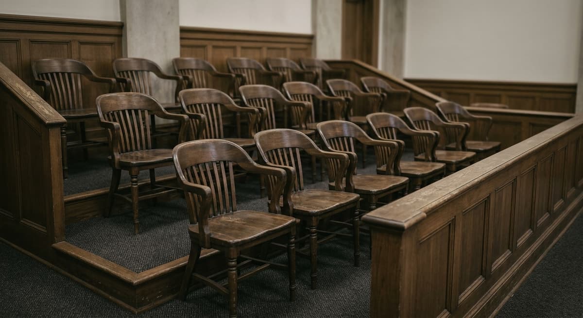 un estrado de jurado vacío con filas de sillas de madera en una sala de tribunal tranquila