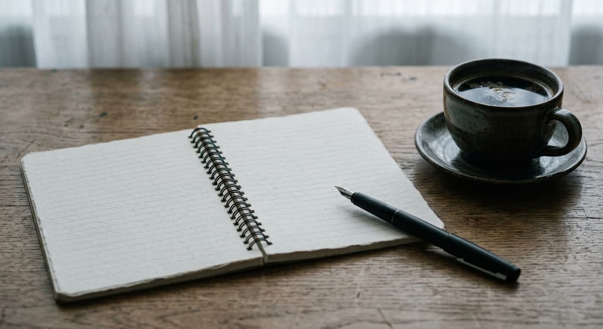 un cuaderno abierto y un boligrafo junto a una taza de cafe sobre un escritorio