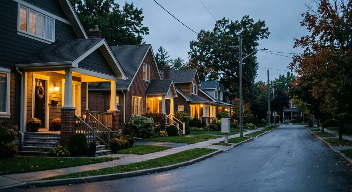 una calle suburbana tranquila al anochecer con calidas luces de porche a lo largo de las casas