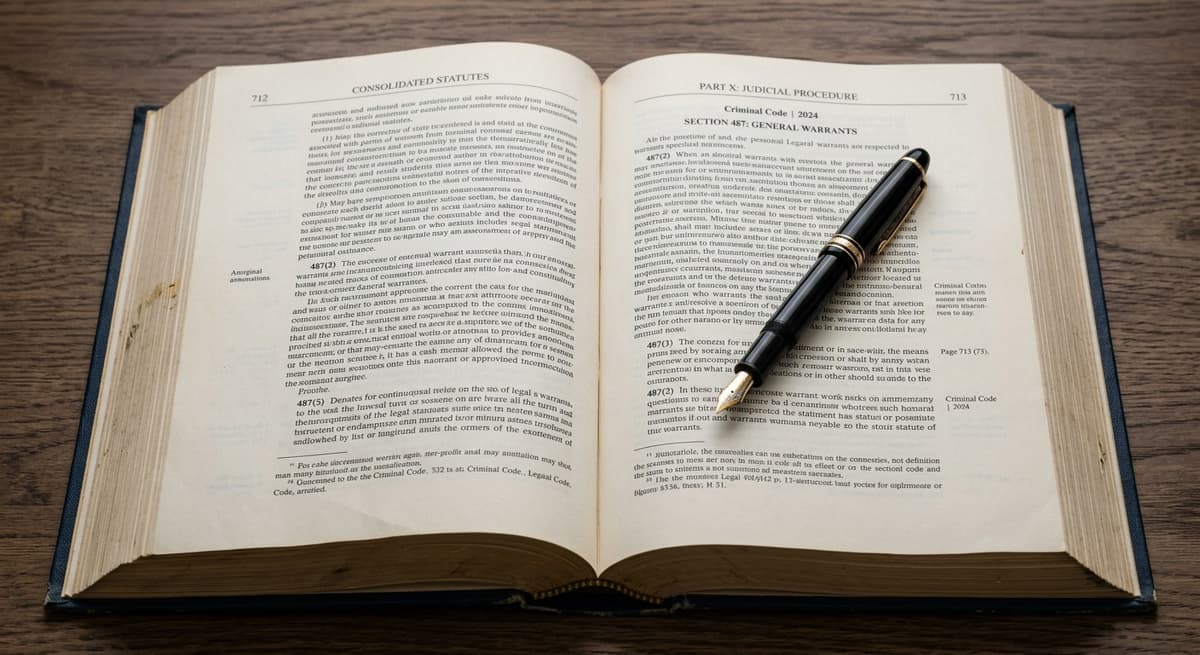 bolígrafo apoyado sobre un libro de estatutos legales abierto