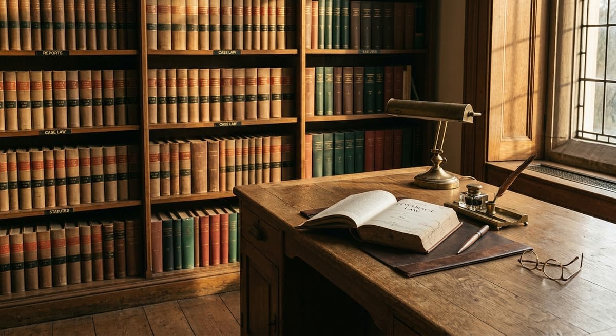 sala de lectura de biblioteca con filas de libros jurídicos y un escritorio de madera