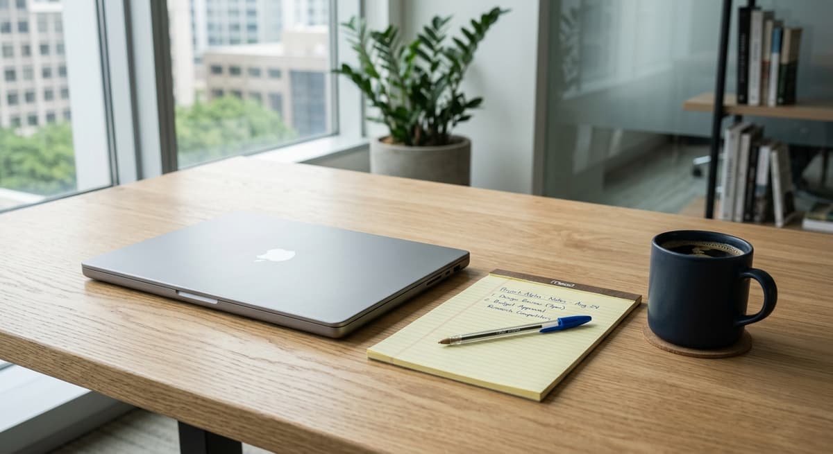 escritorio limpio con una laptop, un bloc legal y una taza de cafe en una oficina moderna