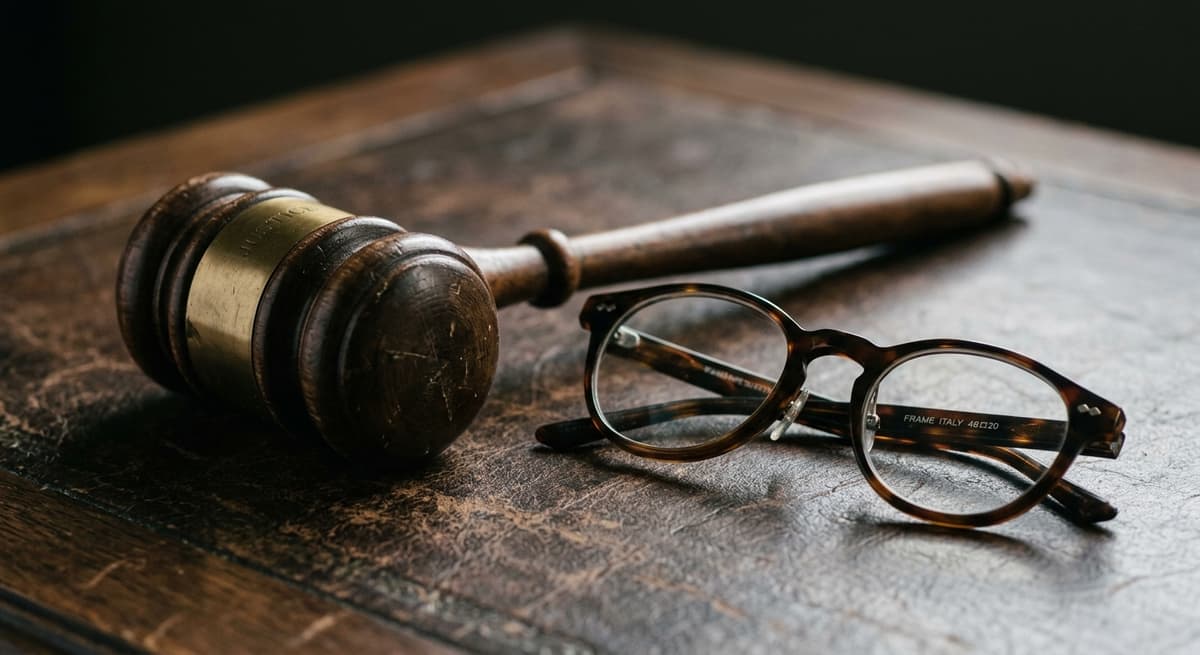 mazo judicial apoyado junto a unos anteojos de lectura sobre una superficie oscura