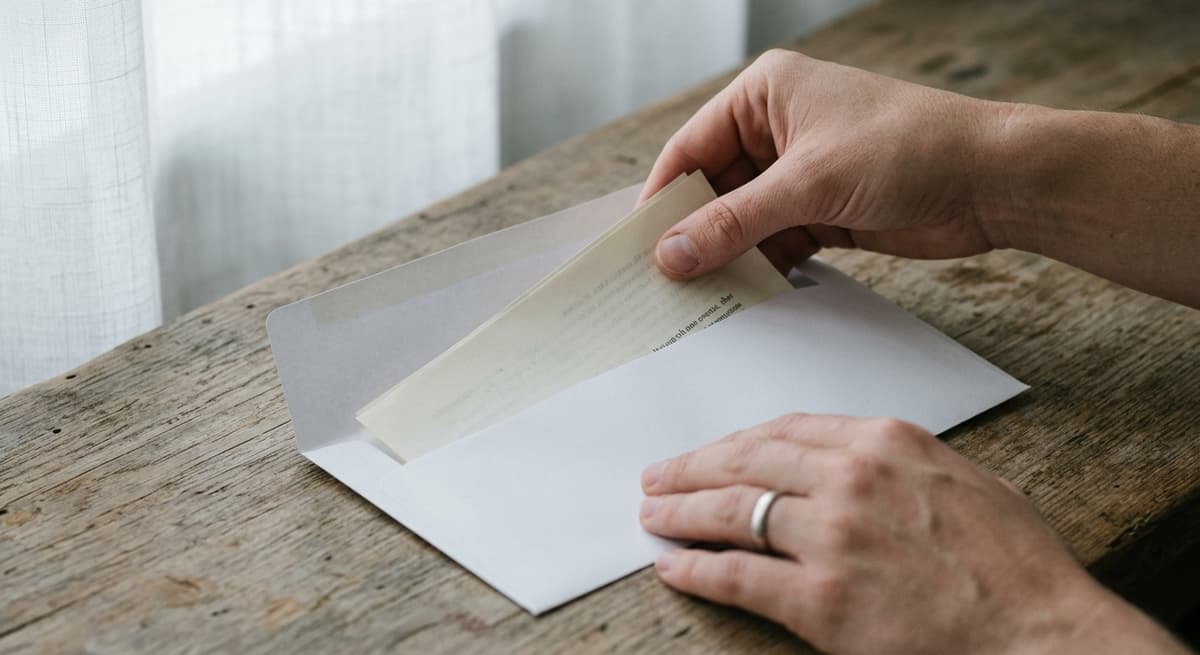 manos colocando un documento en un sobre blanco