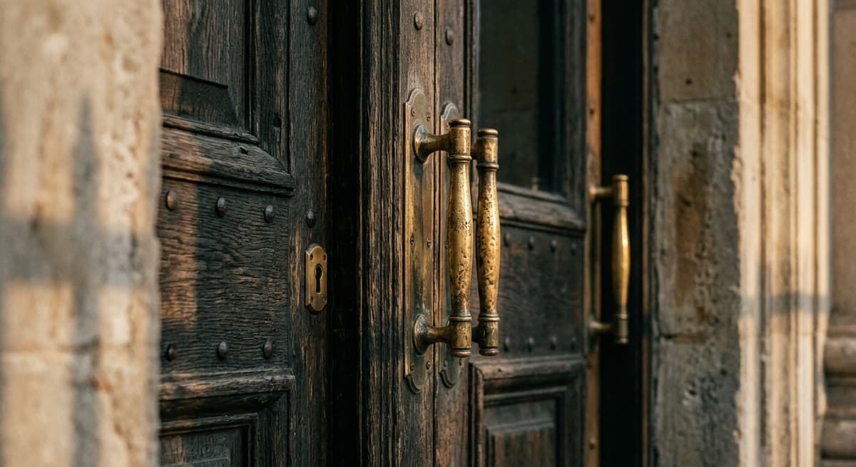 puerta de entrada de un tribunal con manijas de laton