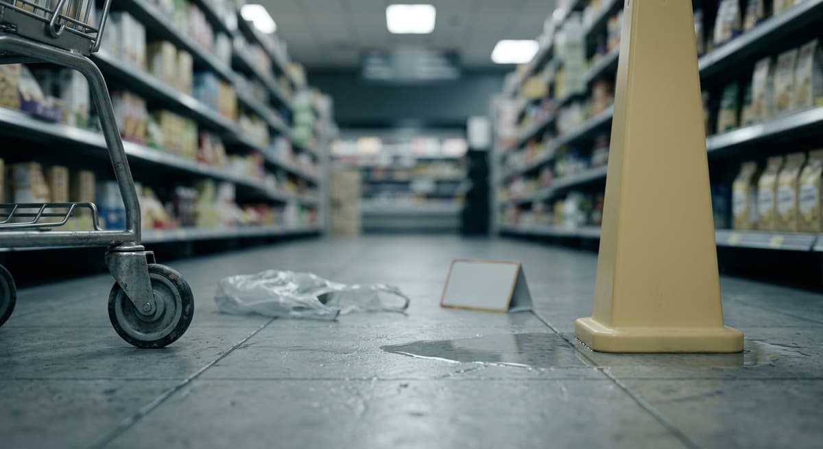el piso mojado de un pasillo de supermercado con un charco tenue, sin personas