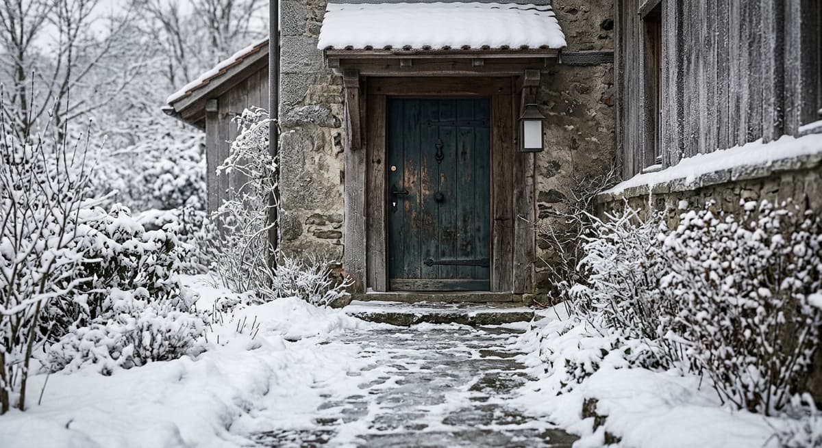 una acera helada cubierta de nieve afuera de una puerta en invierno, sin personas
