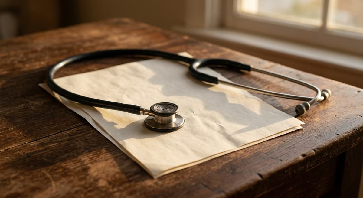 una factura de hospital y un estetoscopio apoyados en un escritorio