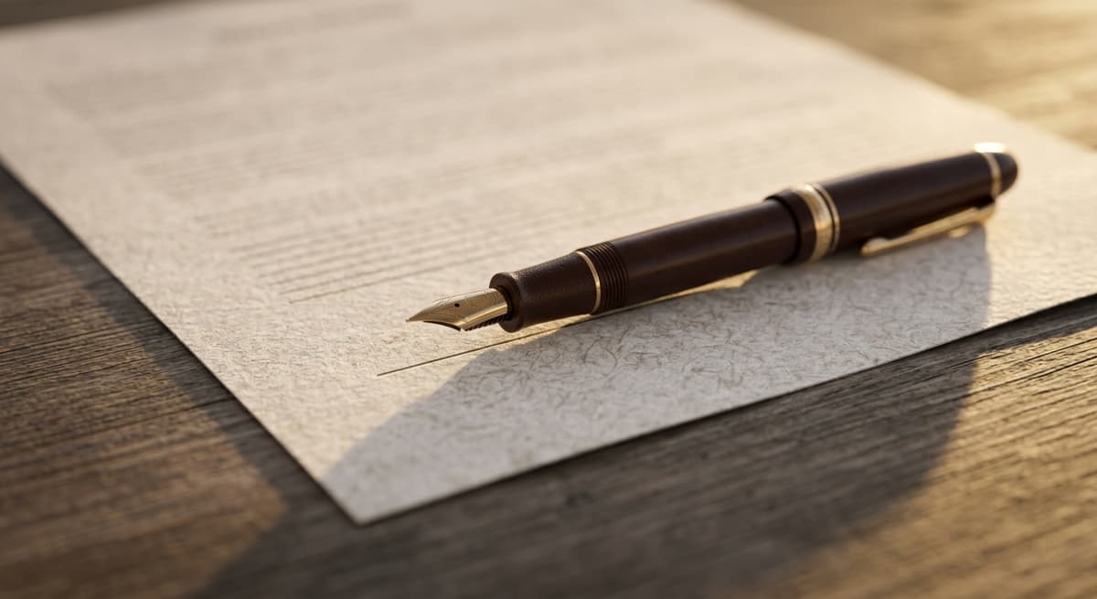 una pluma estilográfica apoyada en la línea de firma de un documento impreso