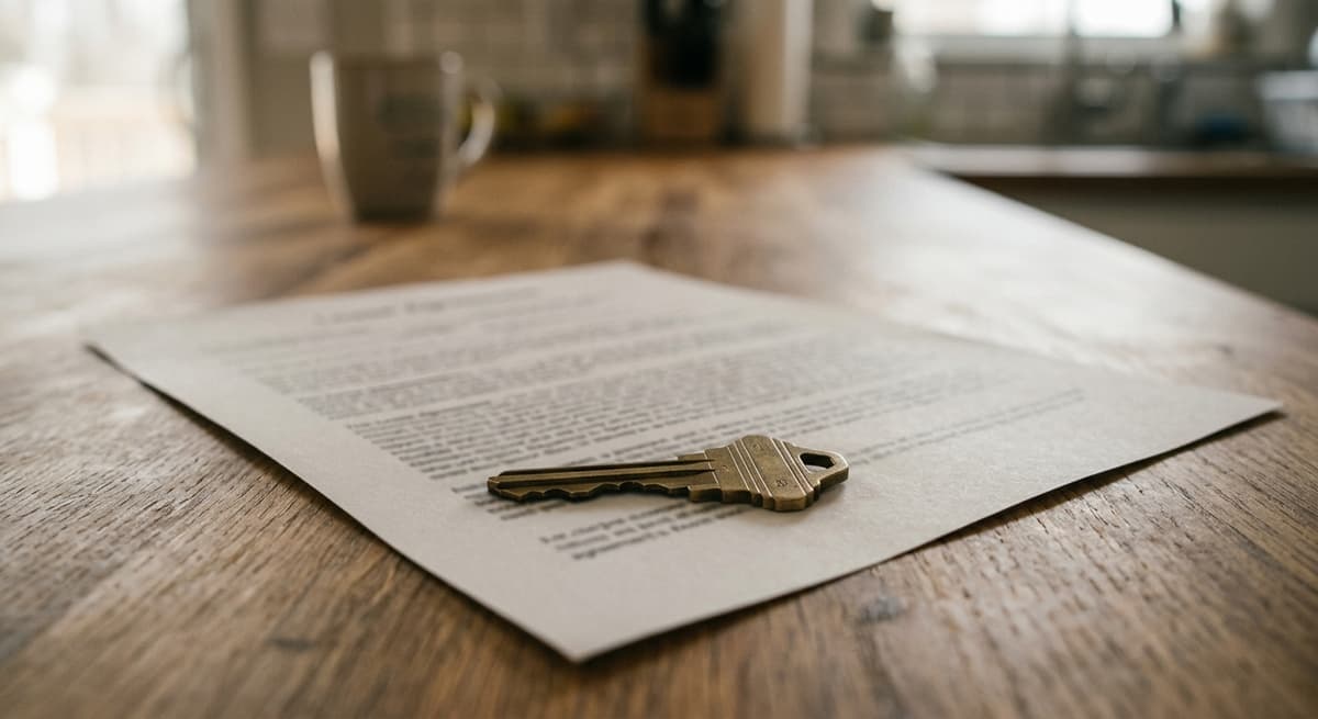Derechos de ocupantes ilegales una sola llave de casa sobre un contrato de arrendamiento impreso