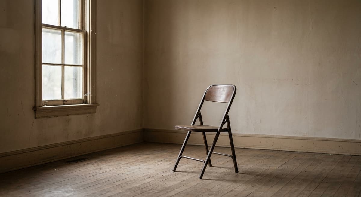 Iowa una sala de estar vacia de una casa con paredes desnudas y una sola silla plegable, luz polvorienta que entra por la ventana