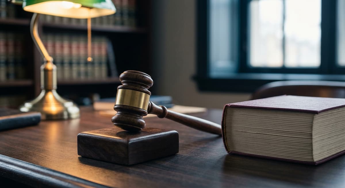 Derechos de ocupantes ilegales un mazo de juez de madera sobre una base de sonido junto a un libro de leyes cerrado