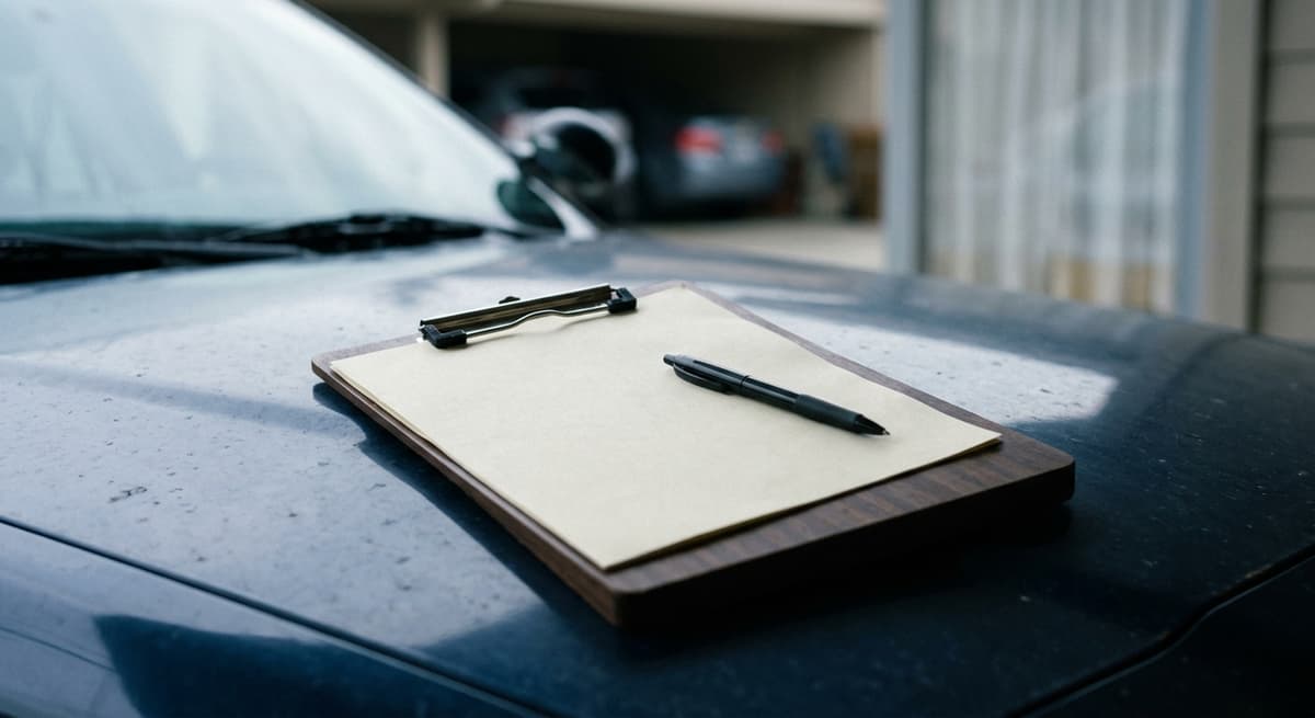 Derechos de ocupantes ilegales una tablilla sujetapapeles con un formulario de declaración jurada en blanco y un bolígrafo sobre el capó de una patrulla
