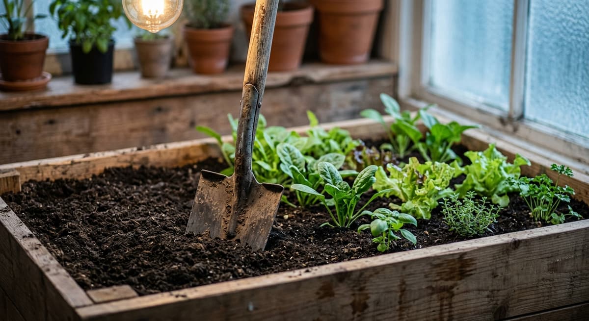Iowa un pequeno huerto de vegetales con una pala clavada en la tierra junto a una parcela labrada