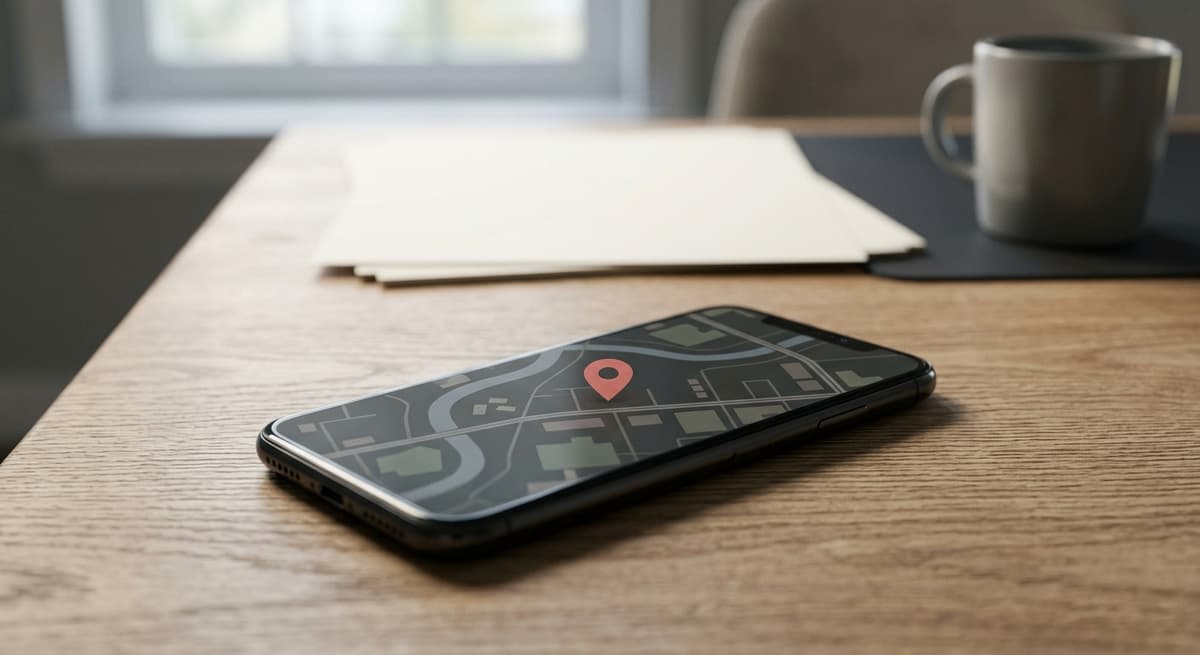 Iowa un telefono inteligente sobre un escritorio que muestra un simple marcador de ubicacion en un mapa en la pantalla