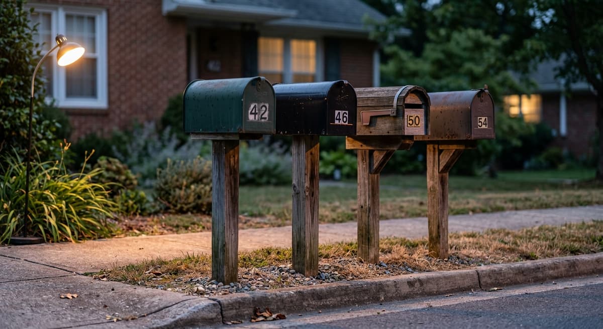 Michigan una fila de buzones suburbanos junto a la acera con los numeros de las casas visibles