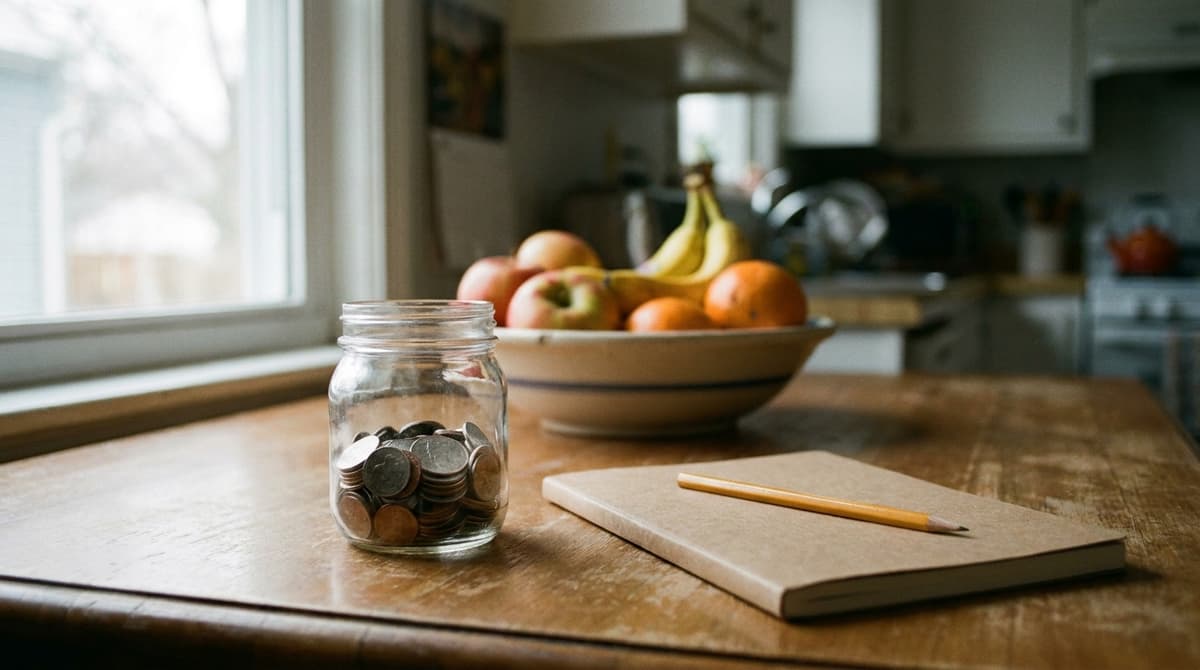 Frasco de vidrio con monedas junto a un cuaderno cerrado y un lápiz en una mesa de cocina con un frutero