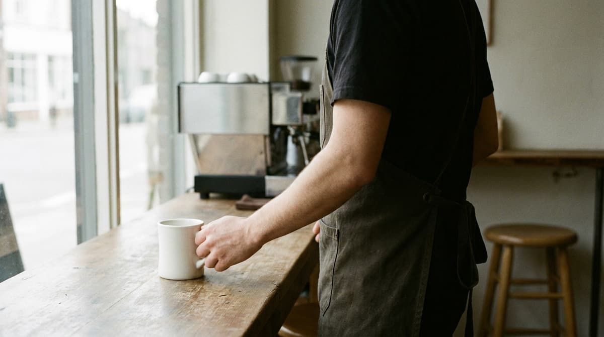 Persona con delantal, de espaldas, colocando una taza blanca en el mostrador de una cafetería