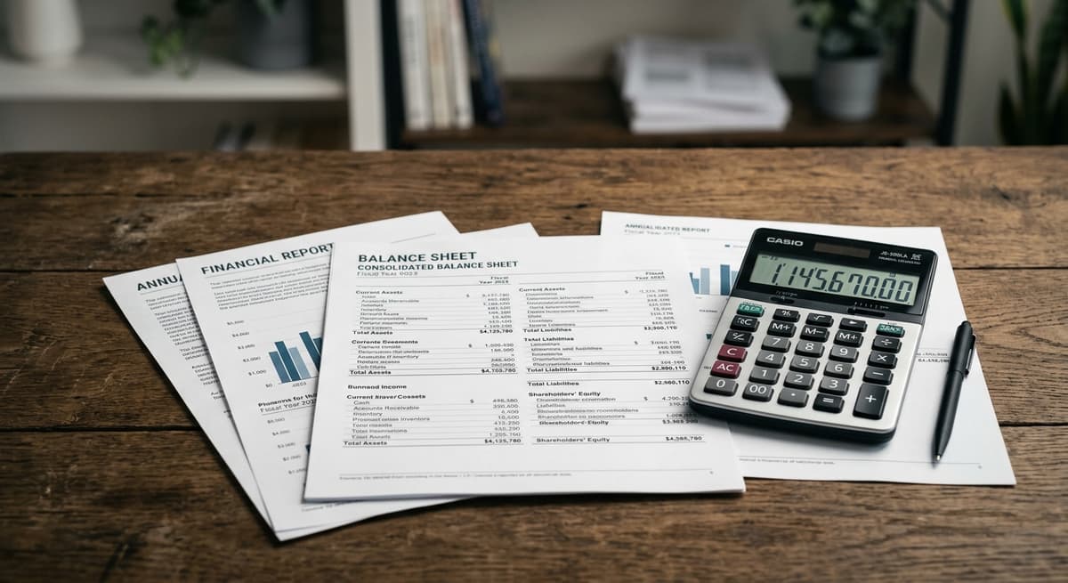 Oregon calculator beside printed financial statements on a desk