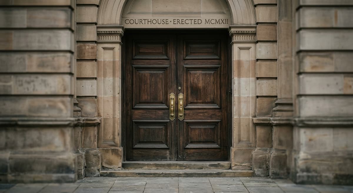 statute of limitations: courthouse entrance door with brass handles