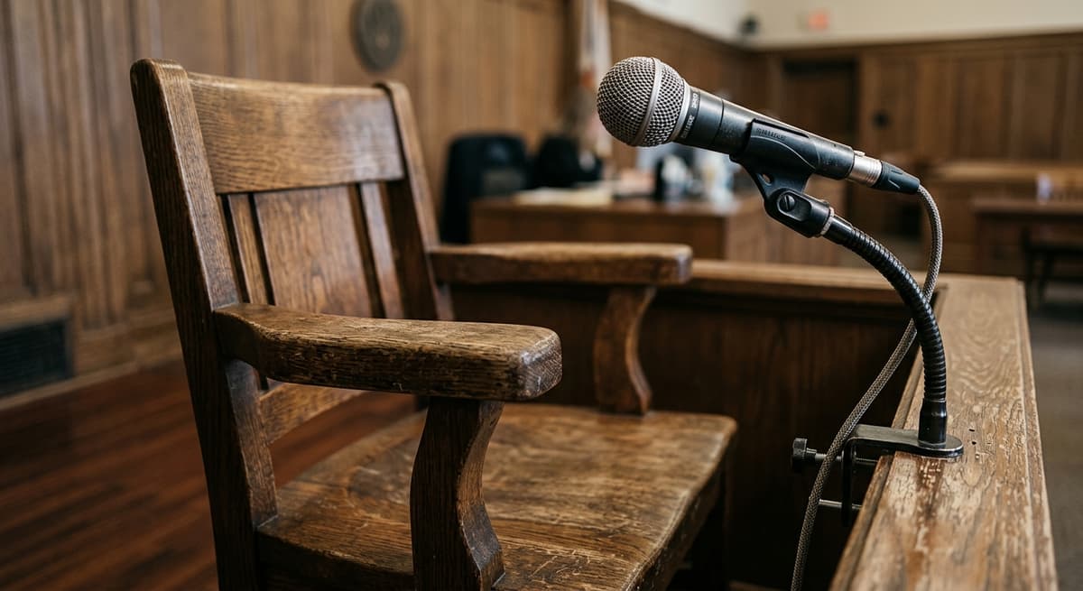 Silla de testigo en un tribunal de Rhode Island con un micrófono