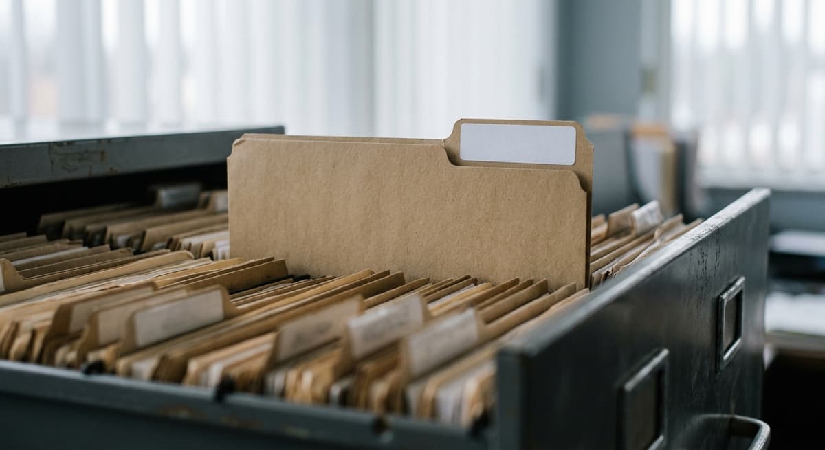 a plain manila folder labeled with a blank white sticker, resting in a filing cabinet drawer among many others